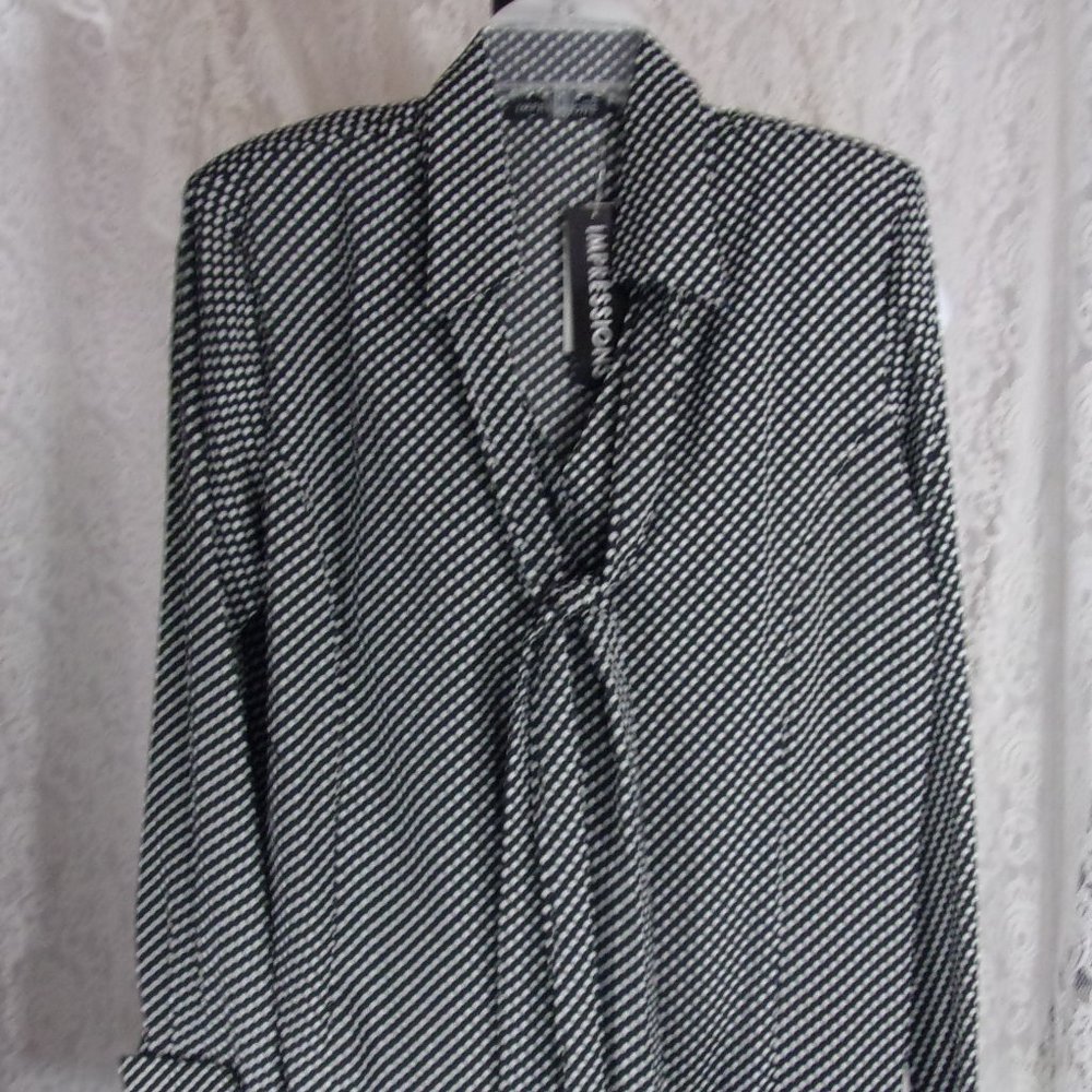 Impressions Black & White Polka Dot Blouse Top With Tie NWT Size L